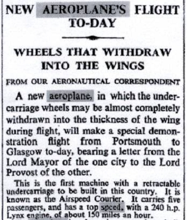 Newspaper announcement of first flight of Airspeed Courier